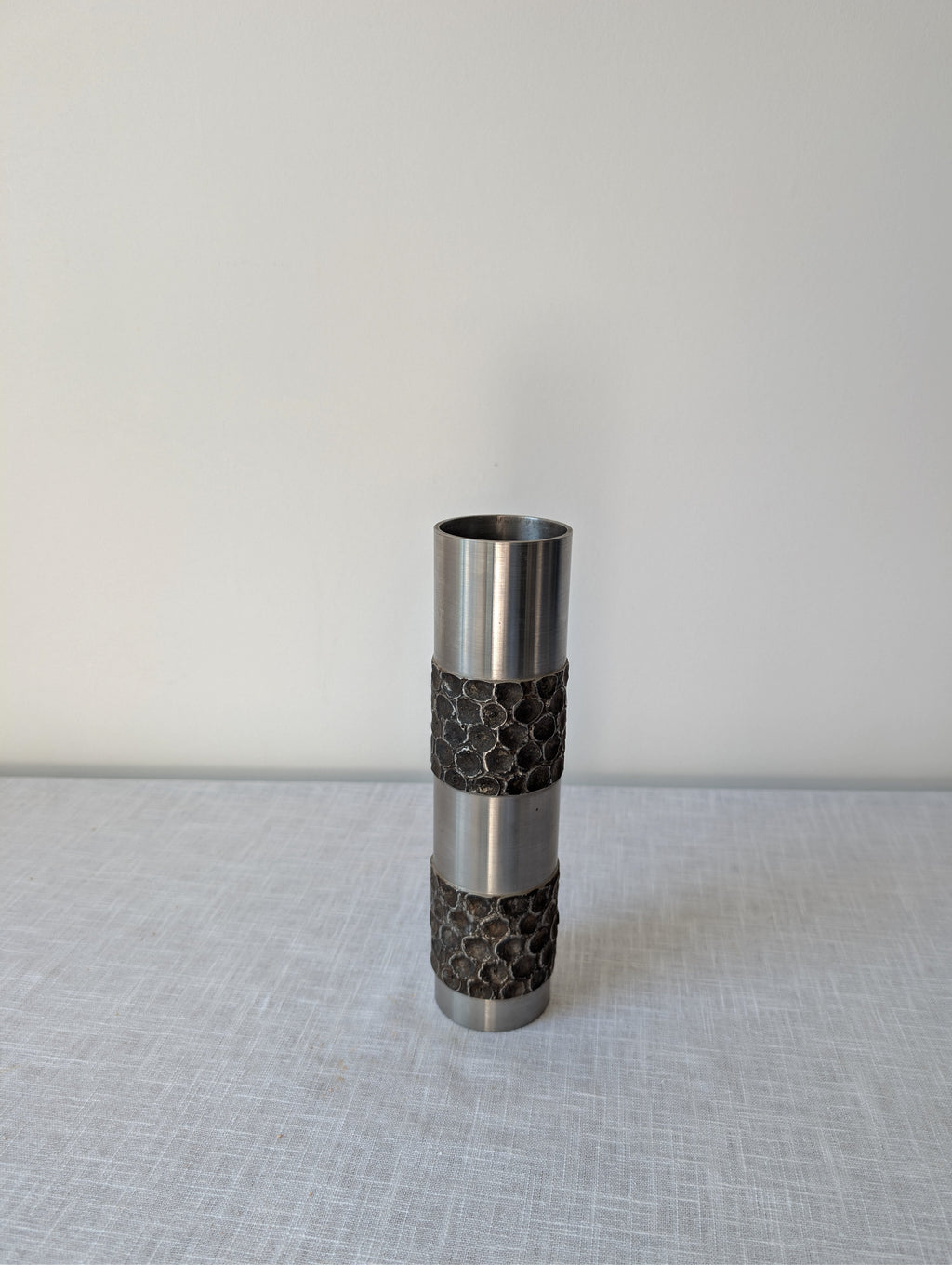 Brutalist Turned-Steel Vase with Textured Bands, photograph 2