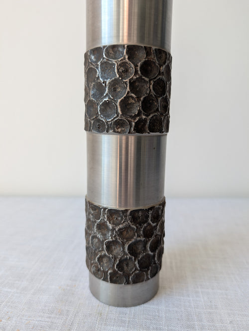 Brutalist Turned-Steel Vase with Textured Bands, photograph 3