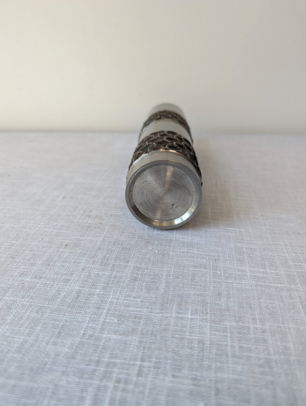 Brutalist Turned-Steel Vase with Textured Bands, photograph 6