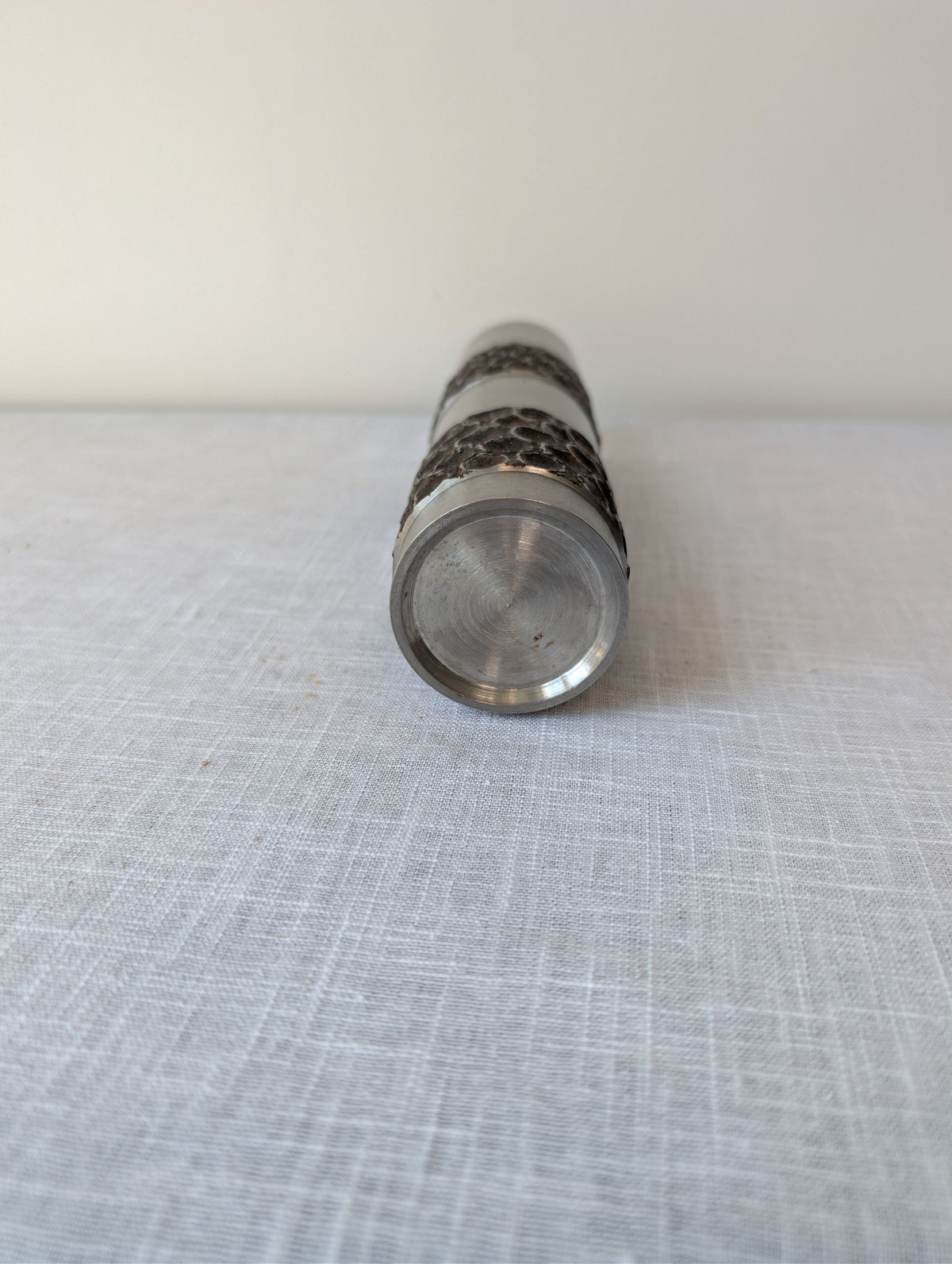 Brutalist Turned-Steel Vase with Textured Bands, photograph 6