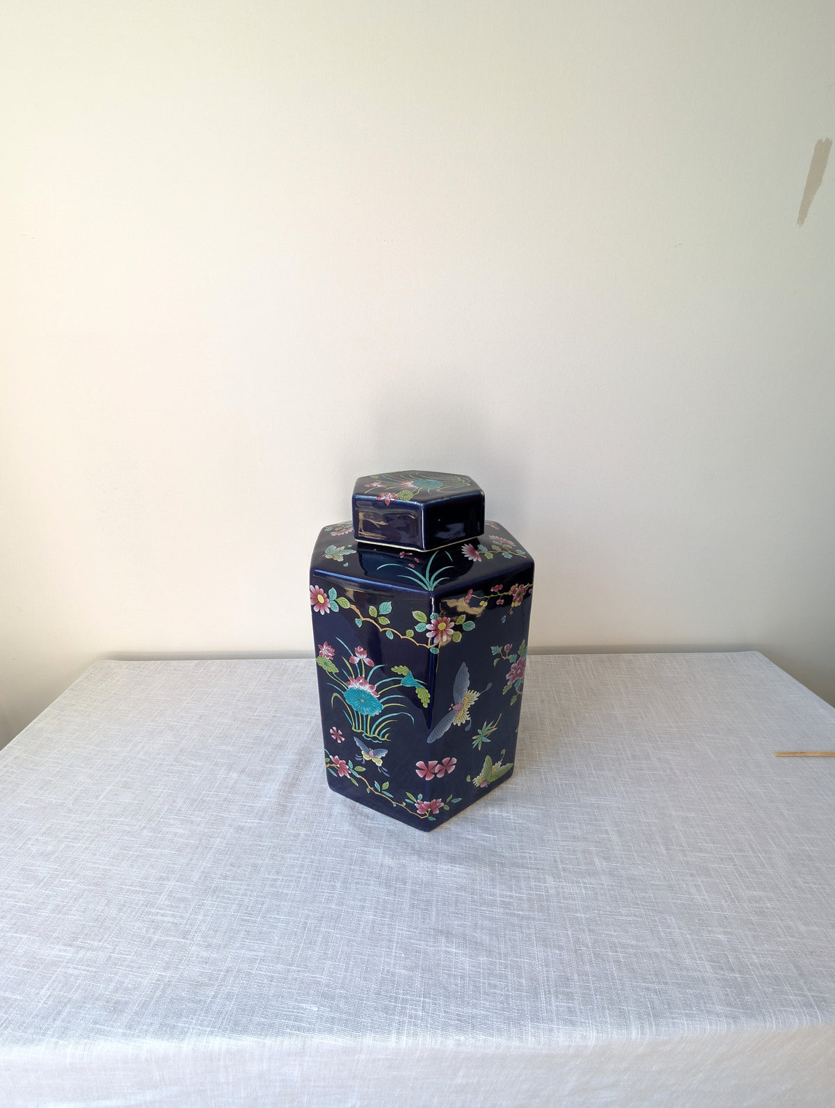 Faceted Cobalt-Blue Lidded Ceramic Jar with Floral Decoration, photograph 3
