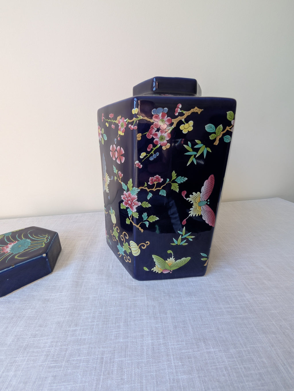 Faceted Cobalt-Blue Lidded Ceramic Jar with Floral Decoration, photograph 9