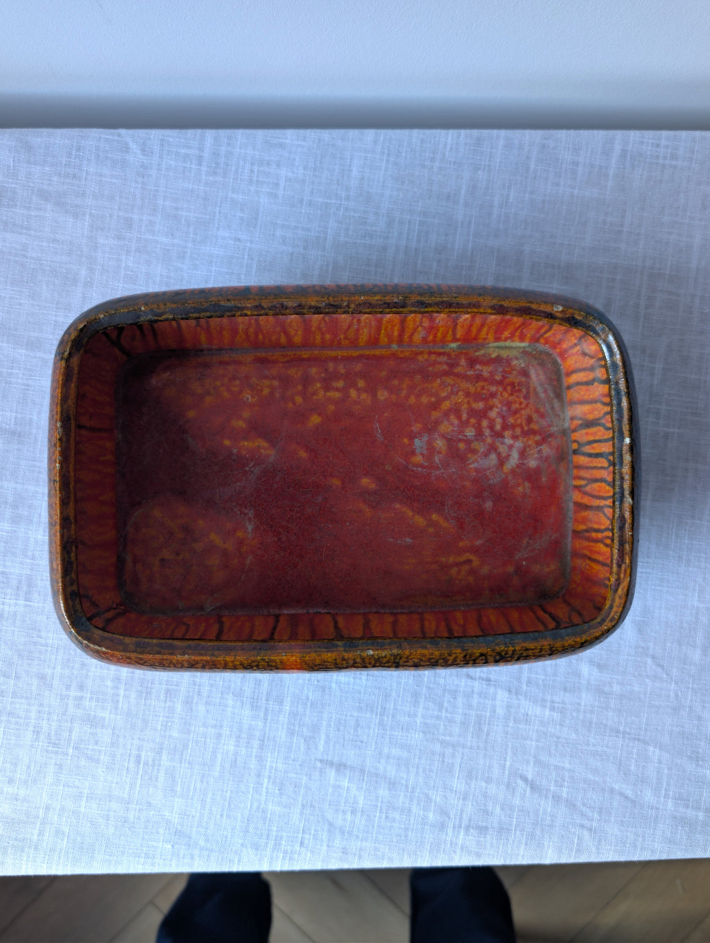 Orange-Red Footed Ceramic Tray with Black Drip Glaze, photograph 2