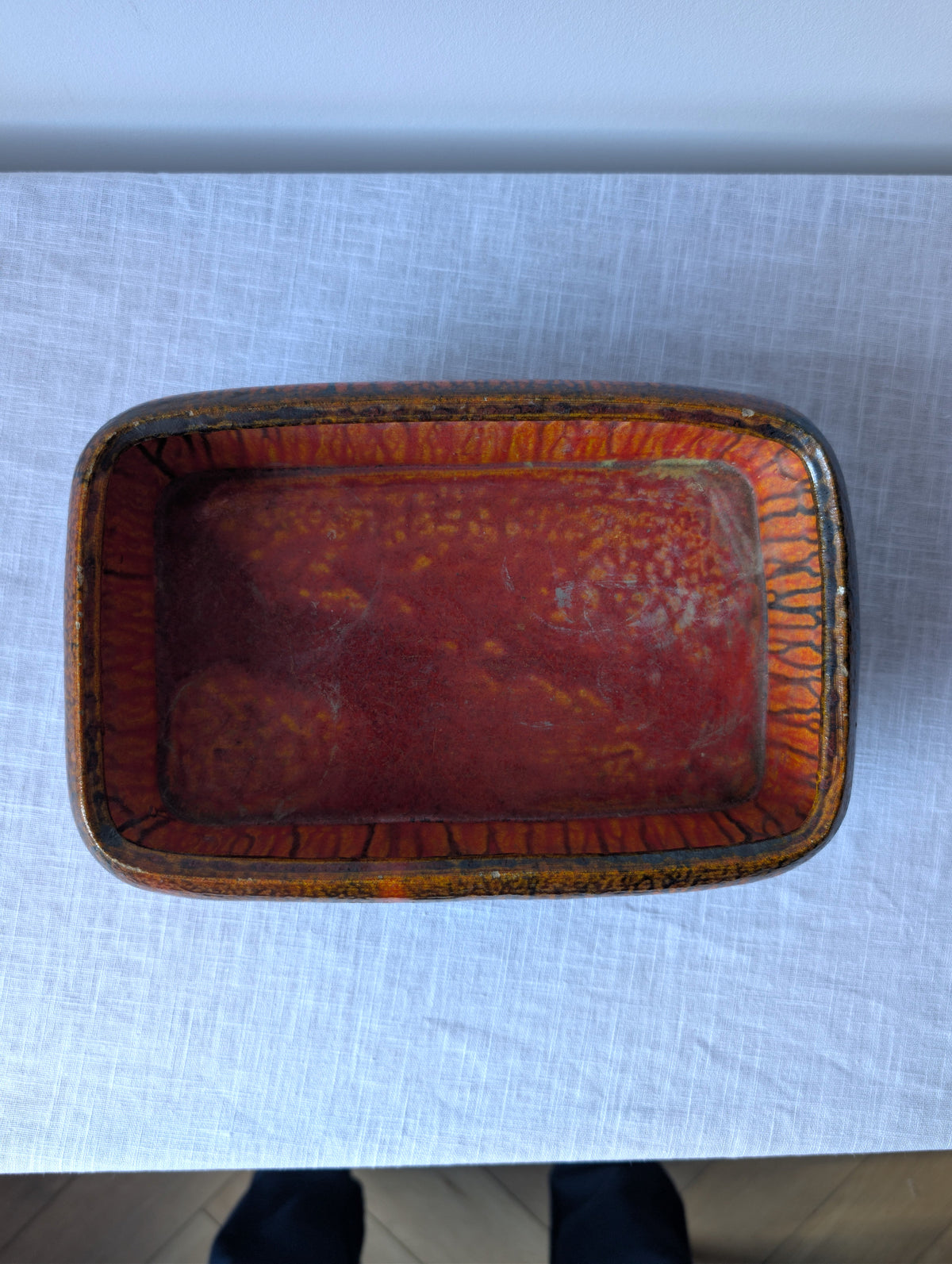 Orange-Red Footed Ceramic Tray with Black Drip Glaze, photograph 2
