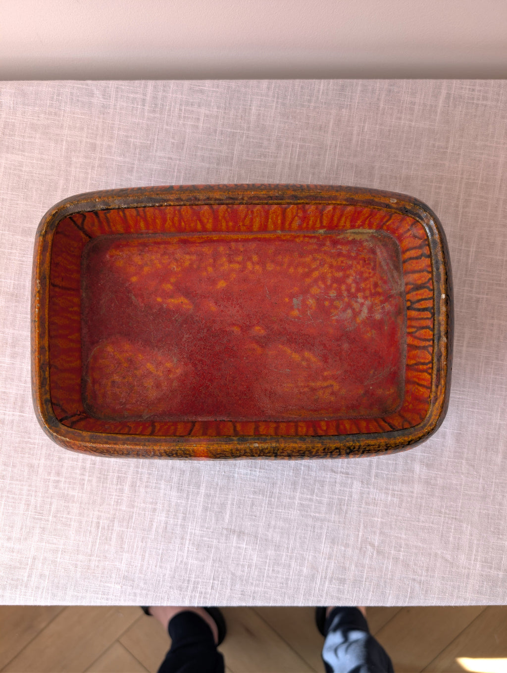 Orange-Red Footed Ceramic Tray with Black Drip Glaze, photograph 4