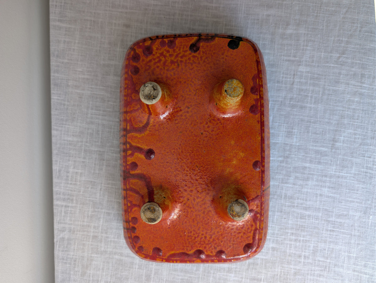 Orange-Red Footed Ceramic Tray with Black Drip Glaze, photograph 6