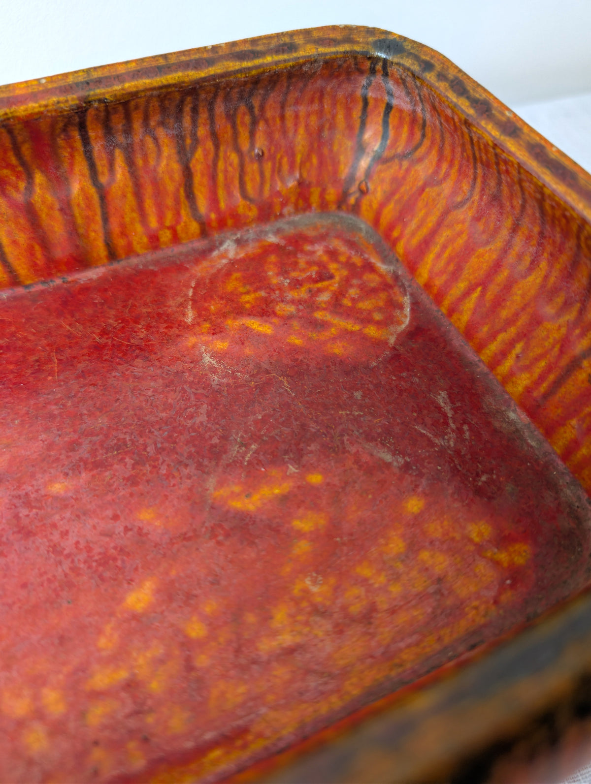Orange-Red Footed Ceramic Tray with Black Drip Glaze, photograph 7