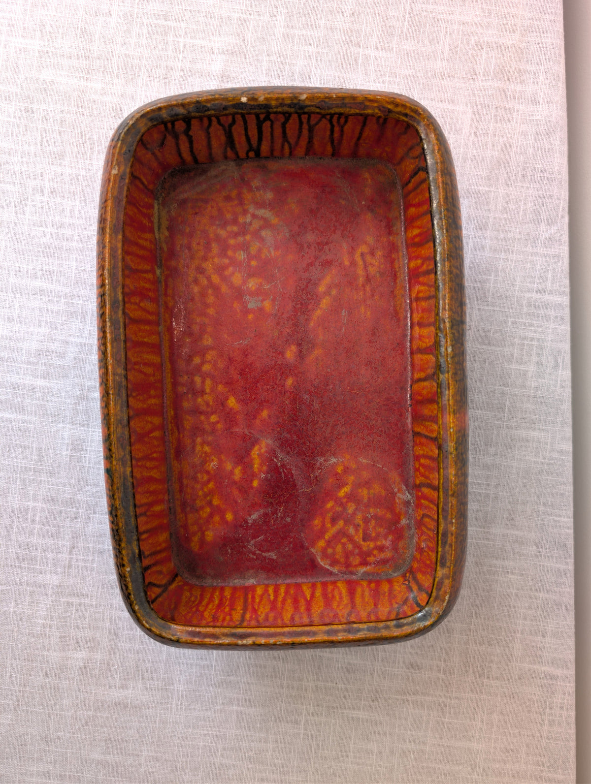 Orange-Red Footed Ceramic Tray with Black Drip Glaze, photograph 8