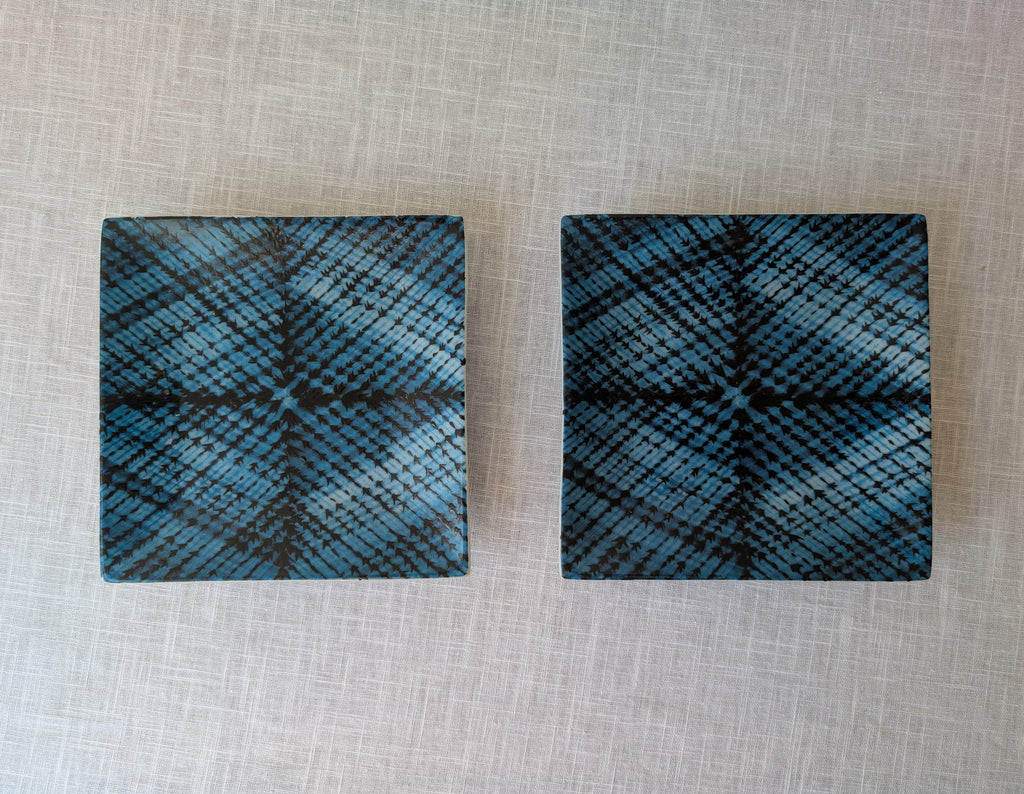 Fabienne Jouvin Paris, Pair of Turquoise Crosshatched Square Ceramic Dishes