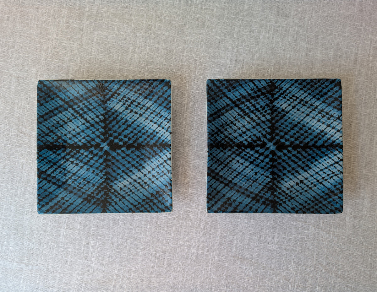 Fabienne Jouvin Paris, Pair of Turquoise Crosshatched Square Ceramic Dishes