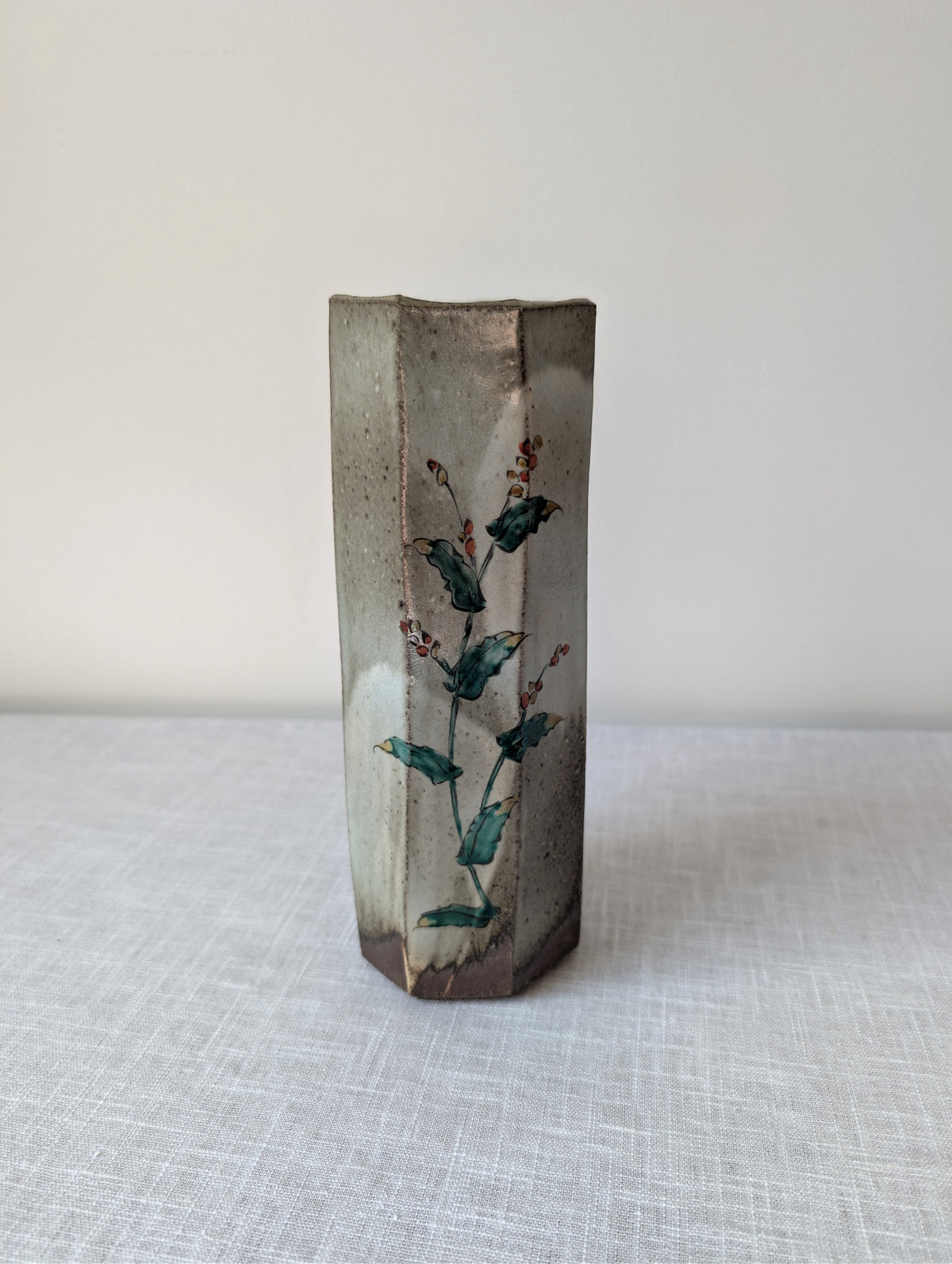 Faceted Grey-Green Ceramic Vase with Botanical Decoration, photograph 2