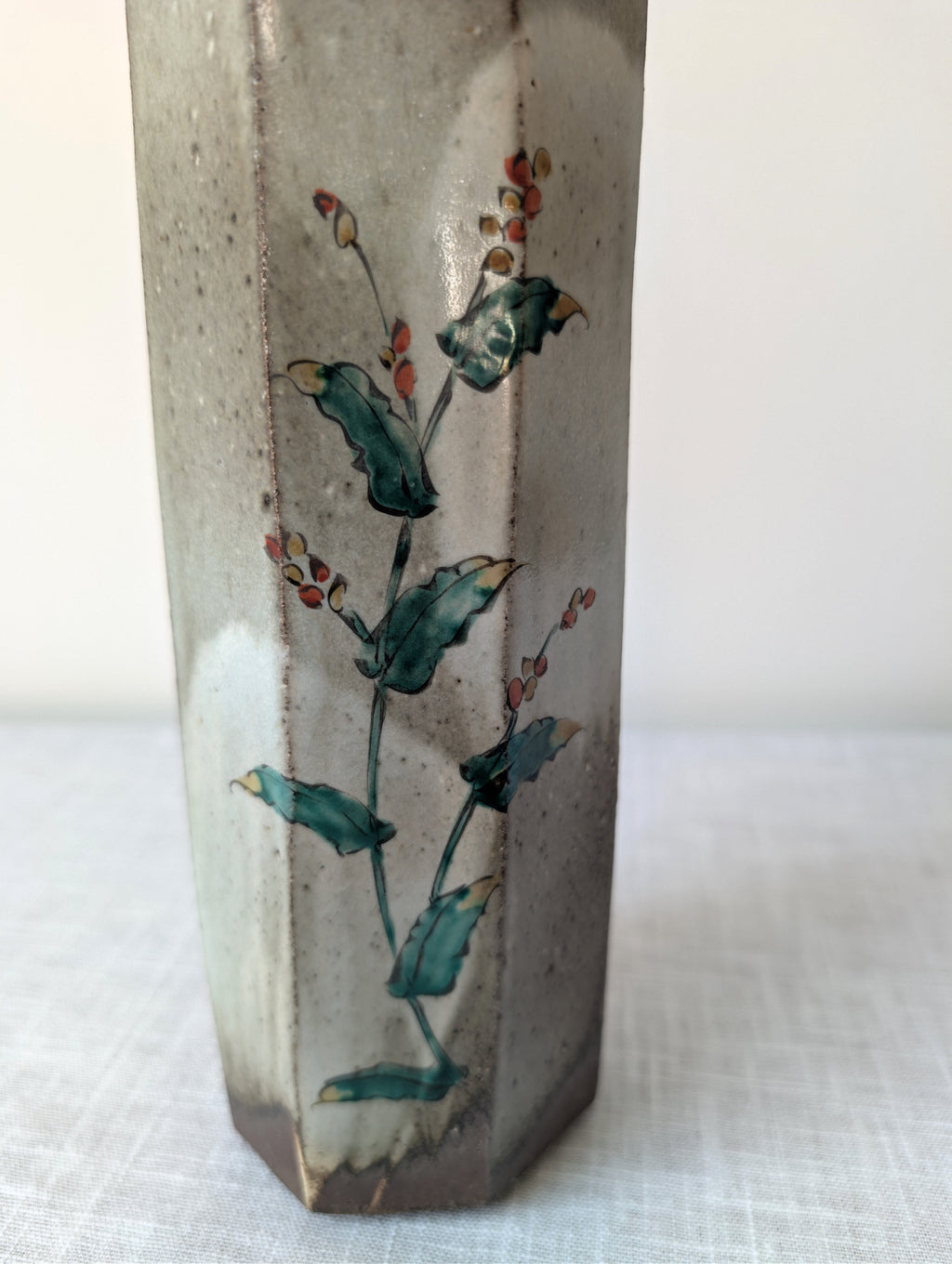 Faceted Grey-Green Ceramic Vase with Botanical Decoration, photograph 3