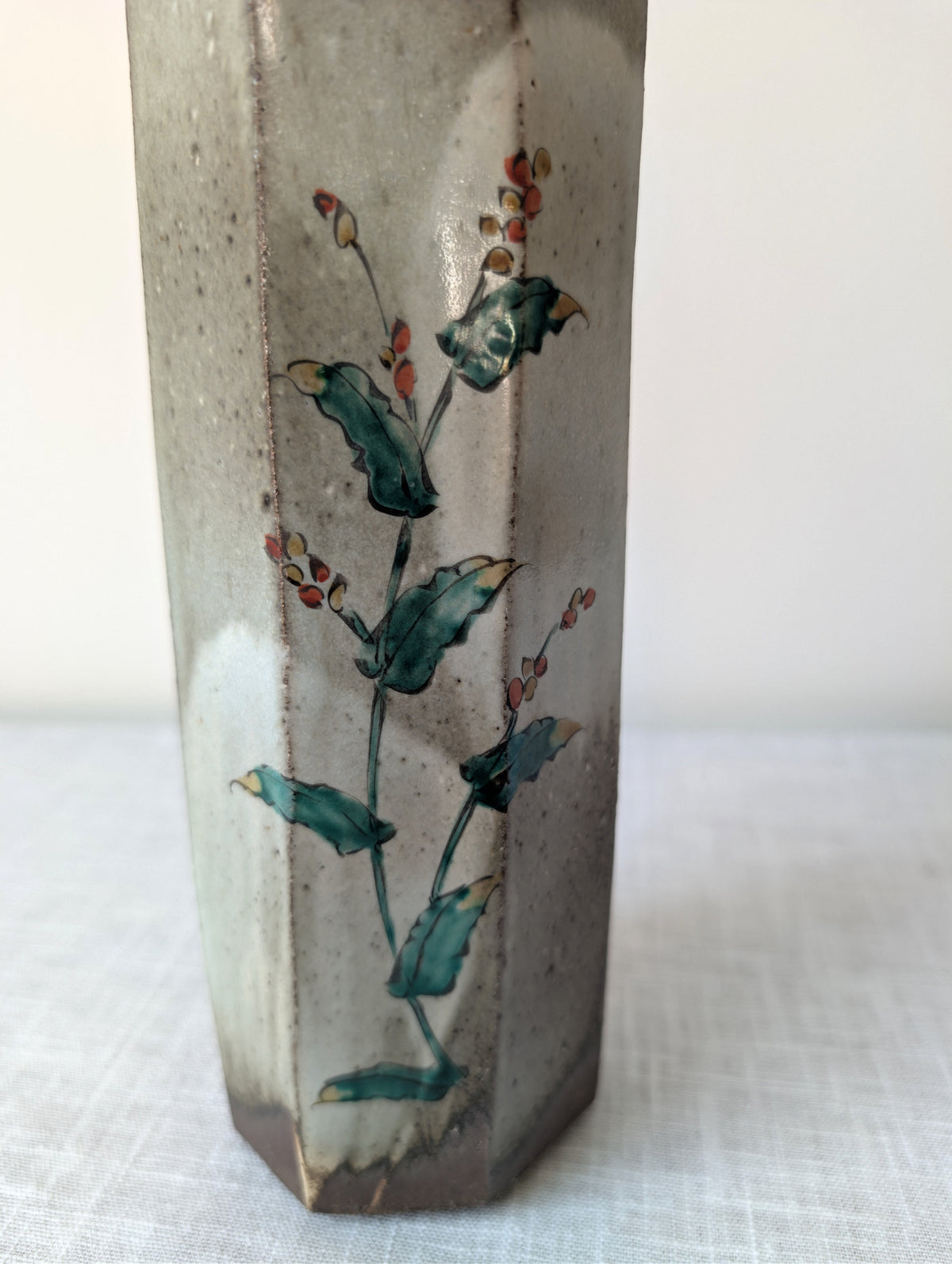 Faceted Grey-Green Ceramic Vase with Botanical Decoration, photograph 3