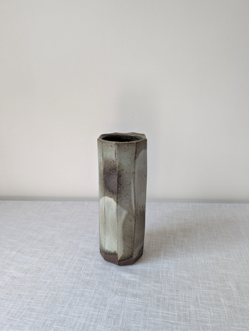 Faceted Grey-Green Ceramic Vase with Botanical Decoration, photograph 4