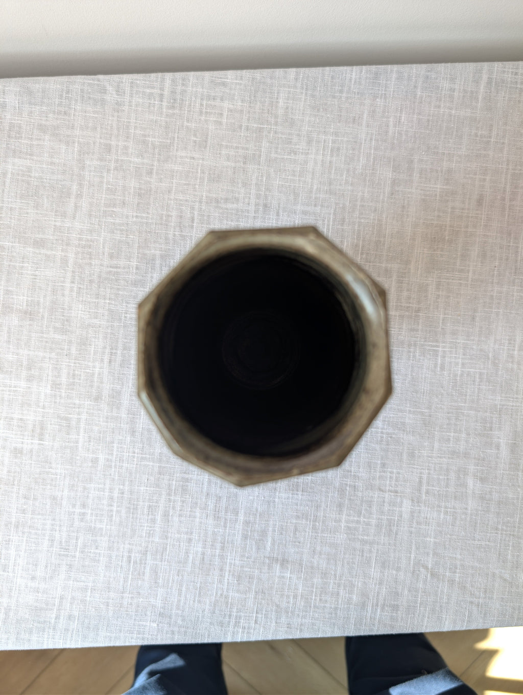 Faceted Grey-Green Ceramic Vase with Botanical Decoration, photograph 5