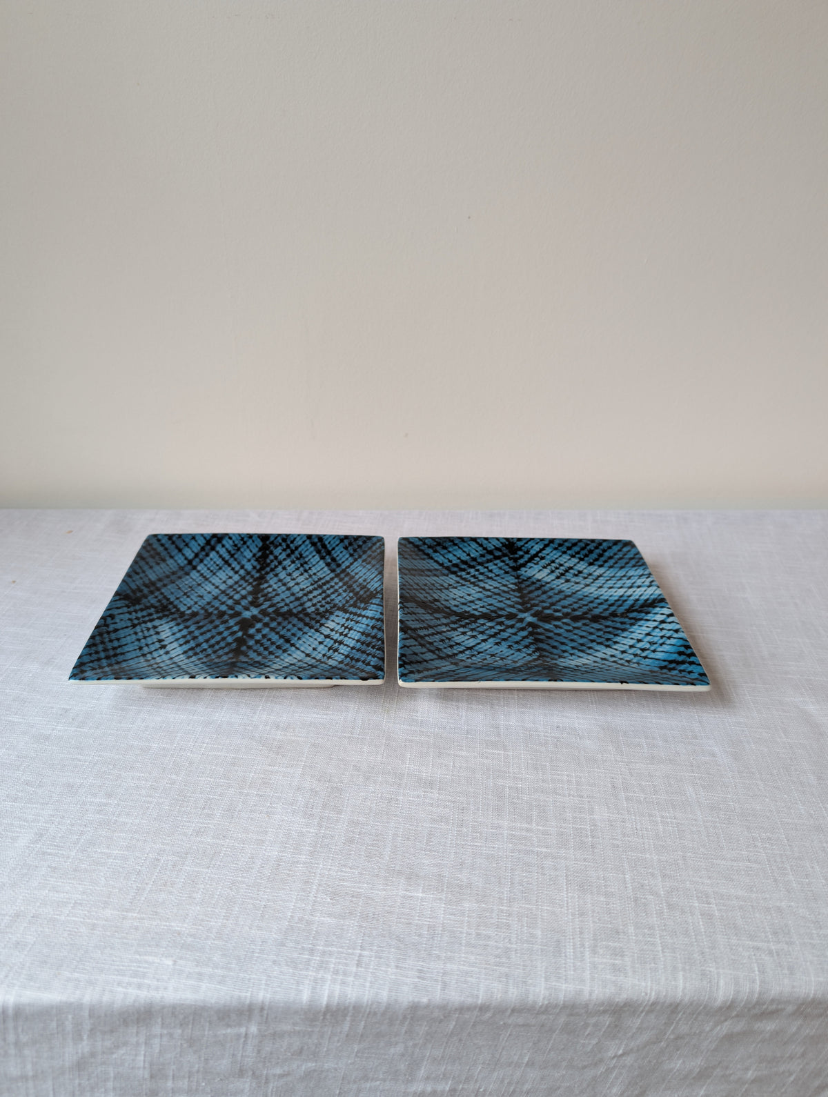 Fabienne Jouvin Paris, Pair of Turquoise Crosshatched Square Ceramic Dishes