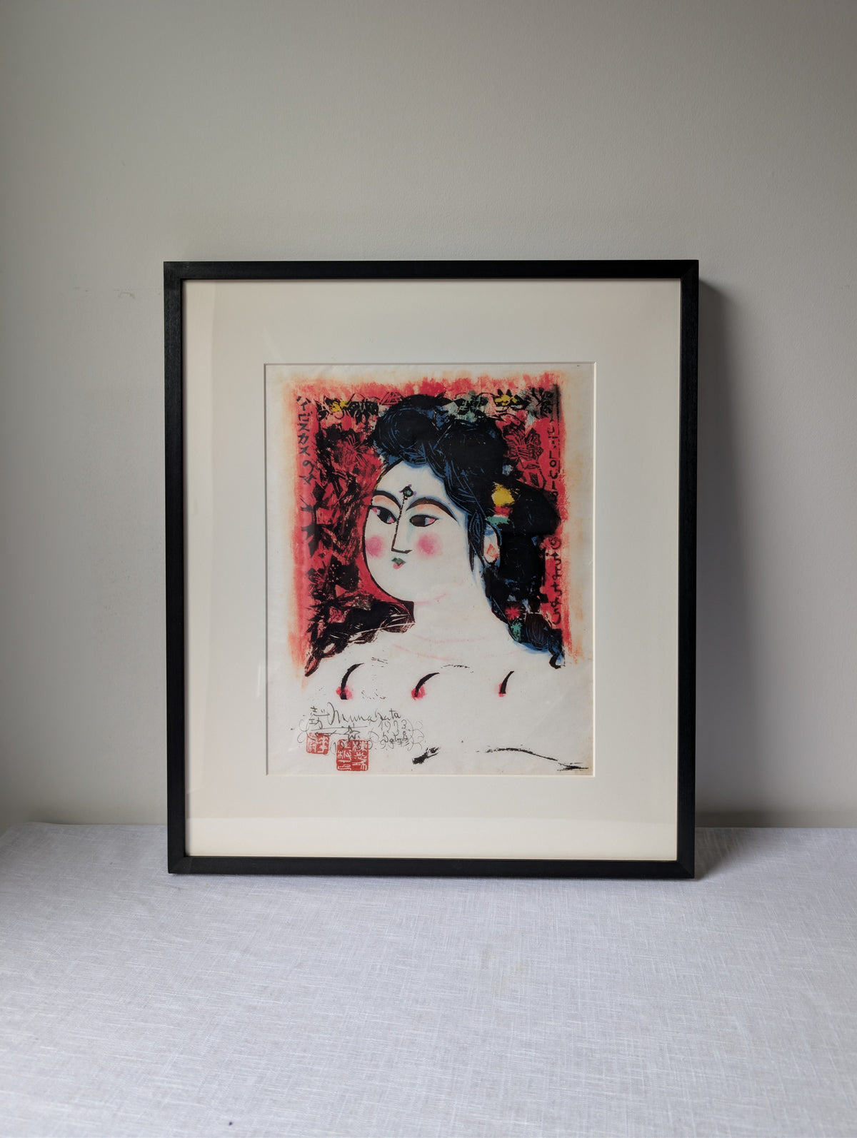 Shikō Munakata, Hibiscus Woman, Rare Colour Print on Washi
